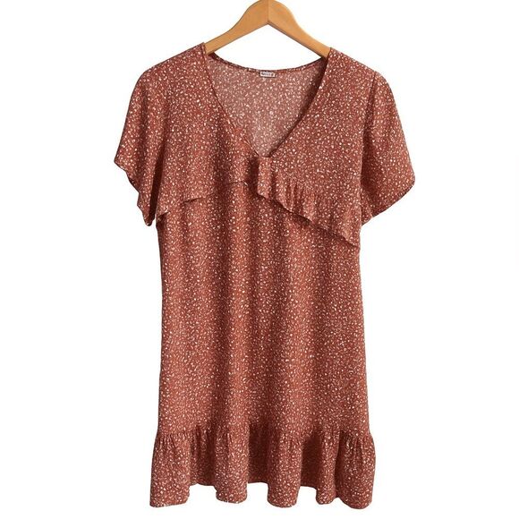Rust Red Printed Ruffle Mini Dress - Size M - Picture 1 of 11